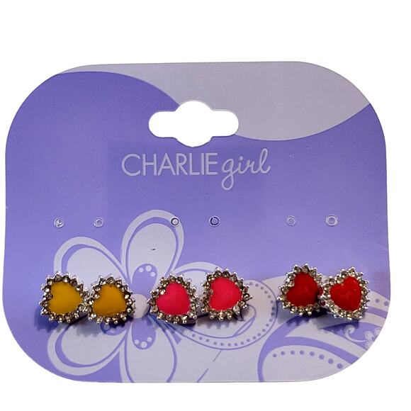 Charlie Girl Heart Stud Earrings Set Yellow Pink Red Rhinestone Trim Kidcore - Picture 3 of 7
